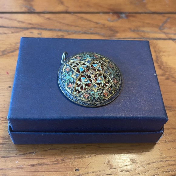 Antique Enameled BUTTON French Champleve Pierced Lacy Openwork made into PENDANT - Picture 15 of 15